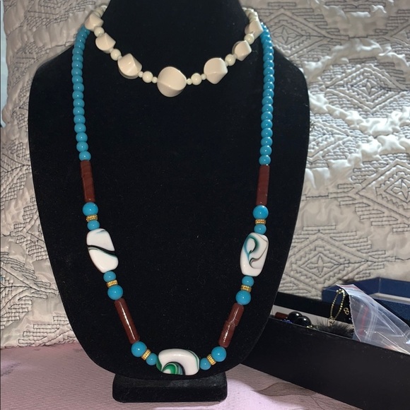 Blue and Gold Necklace with Turquoise Beads and Decorative Elements - Picture 1 of 11